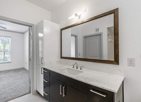 A bathroom with a sink, mirror, and black cabinets.