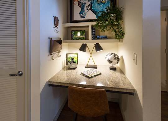A desk with a lamp, a book, and a plant on it.