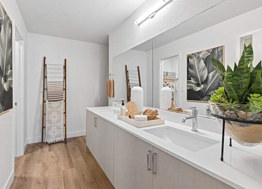A bathroom with a white sink and a mirror.