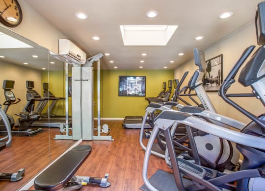 a gym with cardio equipment and a tv on the wall at Valley Plaza Villages, Pleasanton, CA
