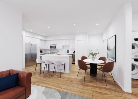 a living room and kitchen with a table and chairs at The Villas at Anacapa Canyon, Camarillo, 93012