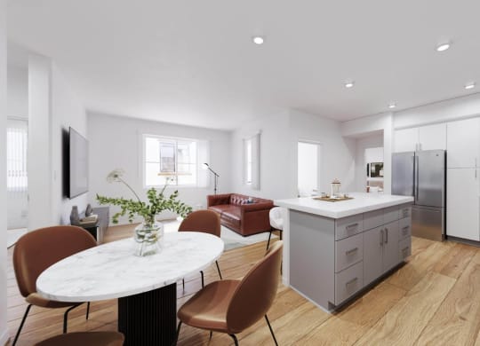 a living room and kitchen with a table and chairs at The Villas at Anacapa Canyon, Camarillo, 93012