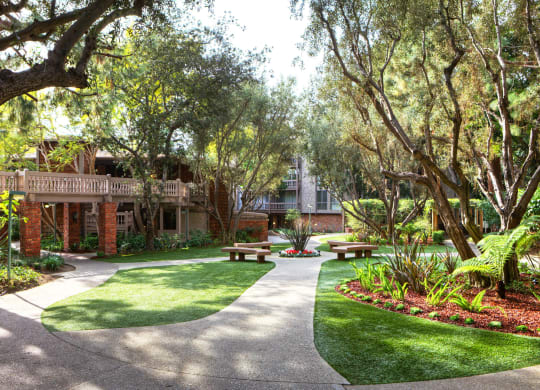 a courtyard with benches and trees in front of a building at The Meadows Apartments, Culver City , 90230