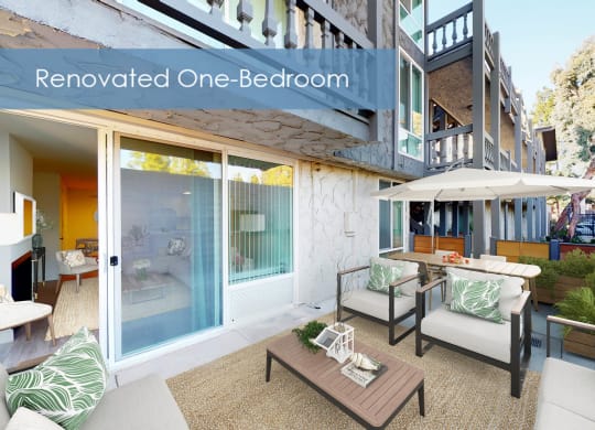 a rendering of a patio with chairs and a table at The Meadows Apartments, California