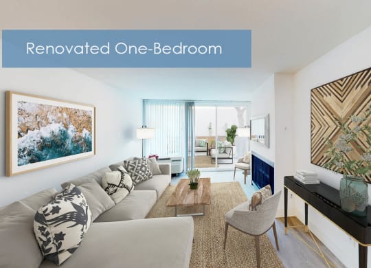 a living room with a couch and a table at The Meadows Apartments, Culver City