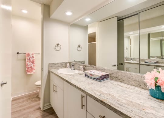 a bathroom with a sink and a mirror  at Rancho Los Feliz, Los Angeles, California
