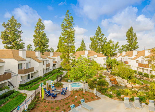 an aerial view of an apartment community with a pool and trees at Sendero Huntington Beach, Huntington Beach, CA 92647