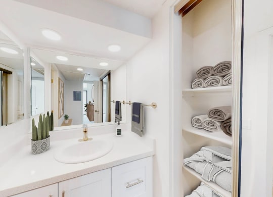 A bathroom vanity and closet at Sendero Huntington Beach, Huntington Beach, 92647