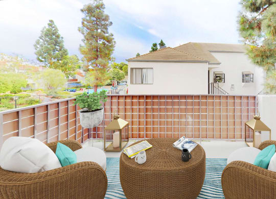 A spacious patio with outdoor lounge furniture at Sendero Huntington Beach, California, 92647