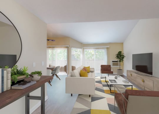 a living room with white furniture and a geometric rug at Valley Plaza Villages, Pleasanton, California