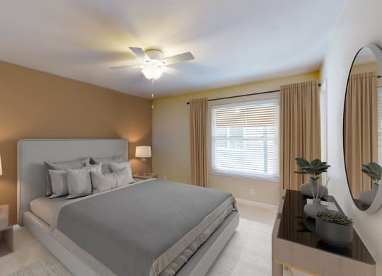 a bedroom with a bed and a ceiling fan at Valley Plaza Villages, California, 94566