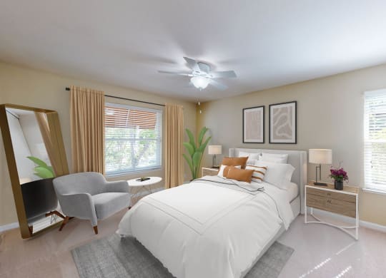 a bedroom with a bed and a chair and a ceiling fan at Valley Plaza Villages, Pleasanton, 94566