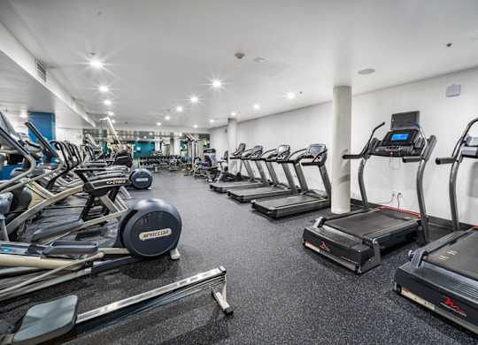 Cardio equipment in the fully-equipped gym  at Esprit Apartments, California