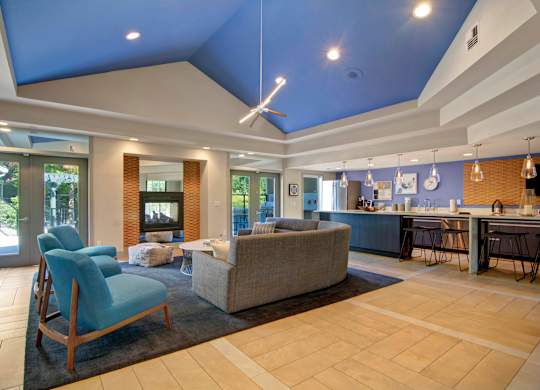 A living room with a blue chair and a grey couch.
