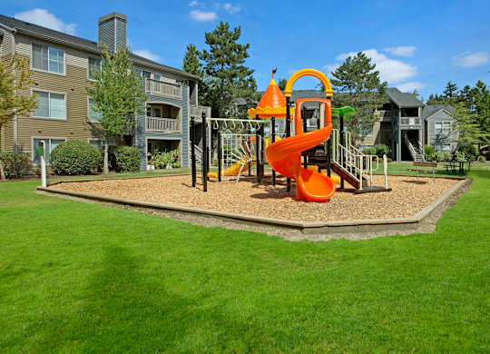 A playground with a slide and a climbing frame.