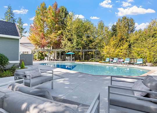 Outdoor swimming pool framed by trees and nearby apartment buildings.