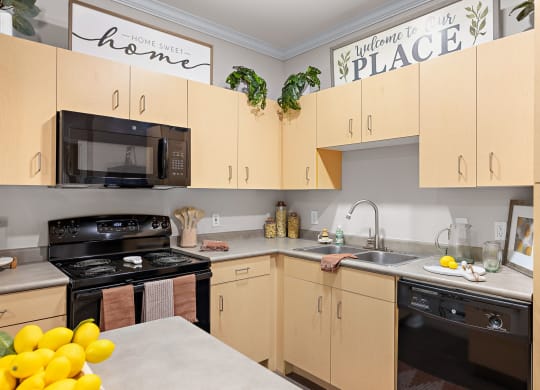 a kitchen with wooden cabinets and black appliances at Artisan Apartments & Shops, Austin, Texas
