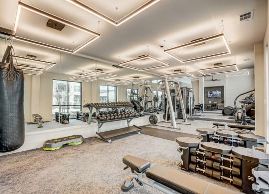 a gym with weights and a punching bag on the wall at Aurora Watson Branch, Texas, 76063
