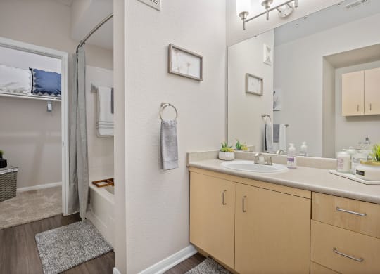 a bathroom with a shower and a sink at Artisan Apartments & Shops, Austin, TX 78729