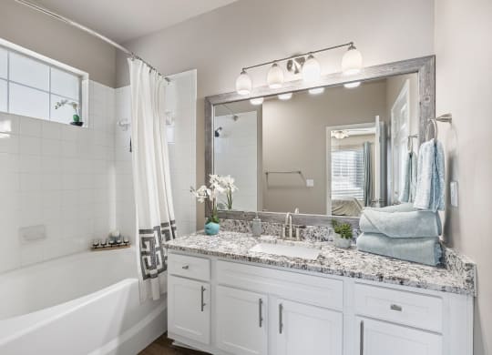 a bathroom with a sink and a mirror and a tub at Sonterra Apartment Homes, Austin, TX