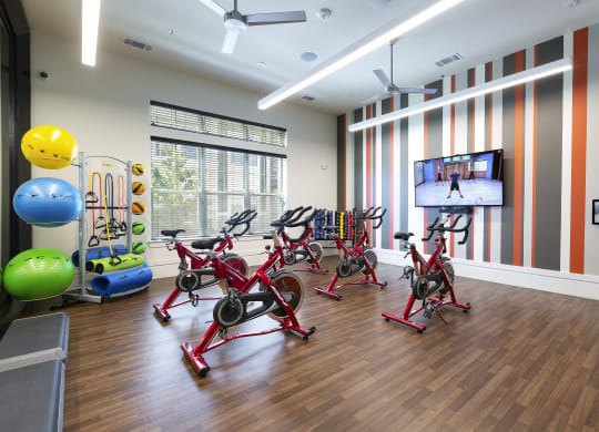 a fitness room with exercise equipment and a tv North Creek Apartments, Hutto, Texas