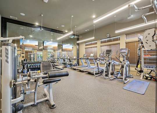 A well-equipped gym with a variety of machines and weightlifting equipment.at North Creek, Hutto, TX, 78634