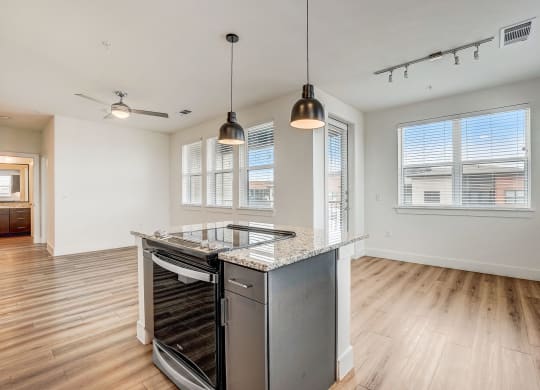 an empty kitchen with stainless steel appliances and a counter top at Aurora Watson Branch, Texas, 76063
