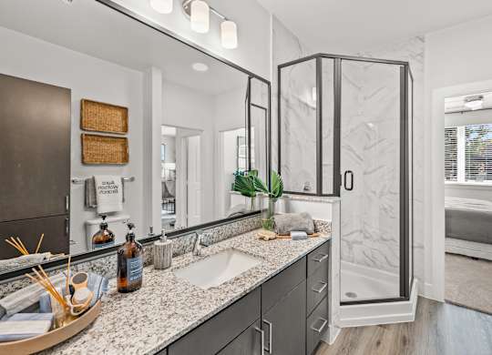 A bathroom with a sink, mirror, and shower. at Aurora Watson Branch, Texas