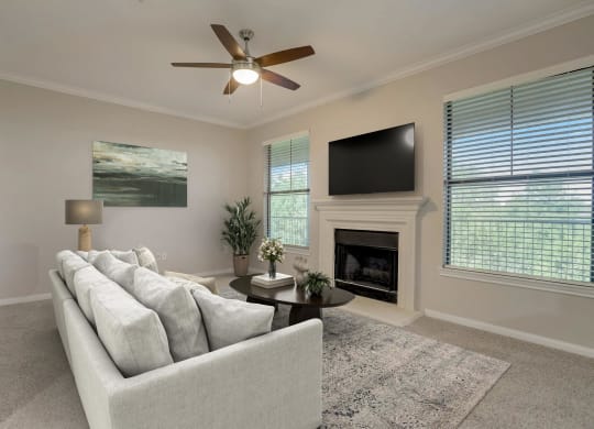 a living room with a couch and a tv at The Vista on Brodie, Austin, TX, 78745