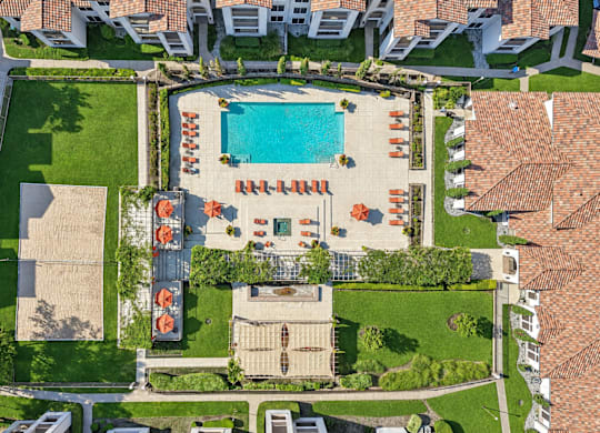 A large swimming pool surrounded by orange sun loungers.