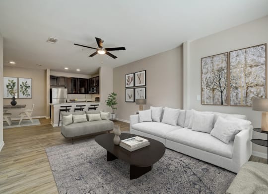 Living Room With Ceiling Fan at Las Brisas Apartment Homes, Round Rock, TX, 78665