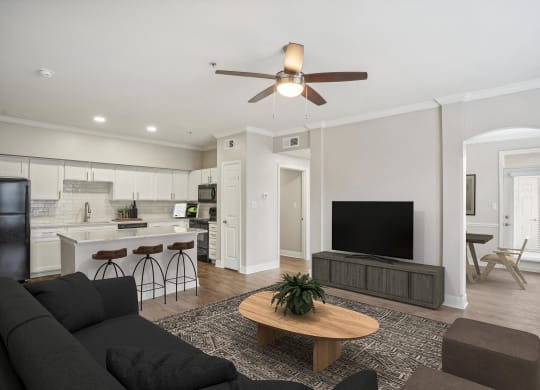 a living room with a couch and a tv at The Verandah, Texas, 78726