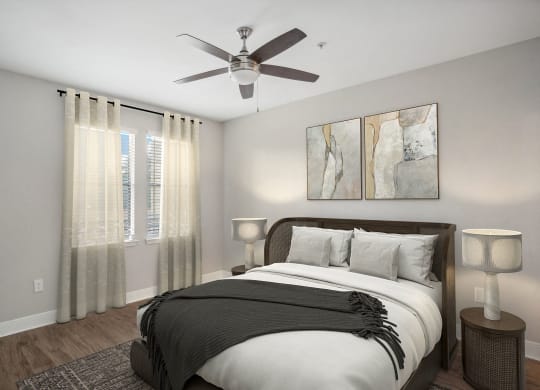 a bedroom with a large bed and a ceiling fan at The Verandah, Austin, TX, 78726
