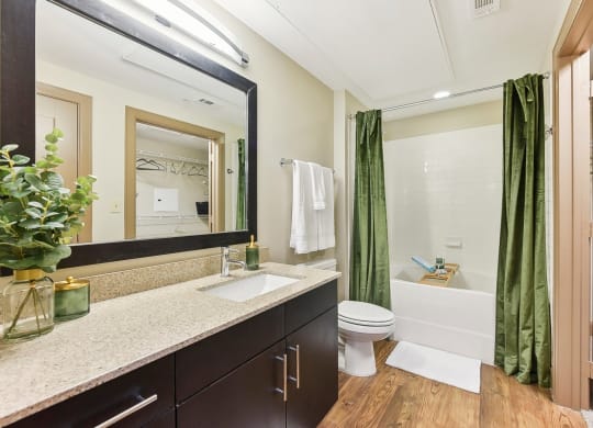 a bathroom with a sink and a toilet and a shower at Lakeline East Apartments, Cedar Park