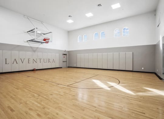 the gym has a hardwood floor and a basketball court at La Ventura Apartments, Plano, Texas