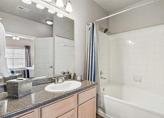 a bathroom with a sink and a tub and a mirror
