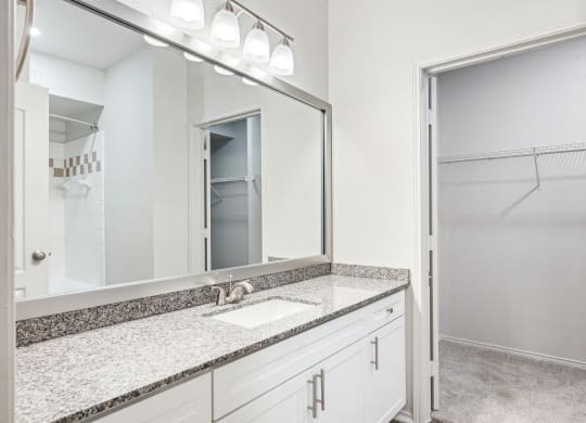 a bathroom with a sink and a mirror at La Ventura Apartments, Plano, 75093