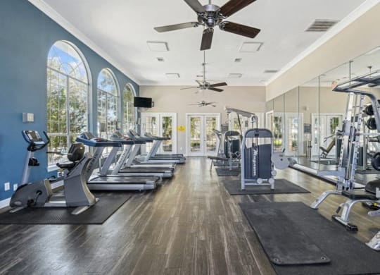 the mansion has a gym with cardio machines and windows