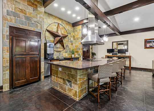 A kitchen with a stone counter and a wooden door. at The Canyons Apartments, Fort Worth, TX, 76116