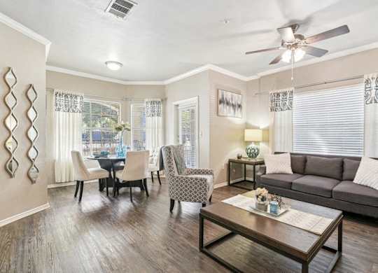 a living room with a couch and a table