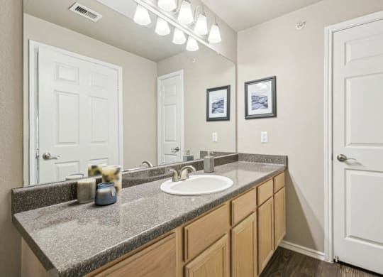a bathroom with a sink and a mirror