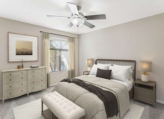 A bedroom with a large bed, a dresser, and a ceiling fan. at San Montego Apartments, Mesa, AZ