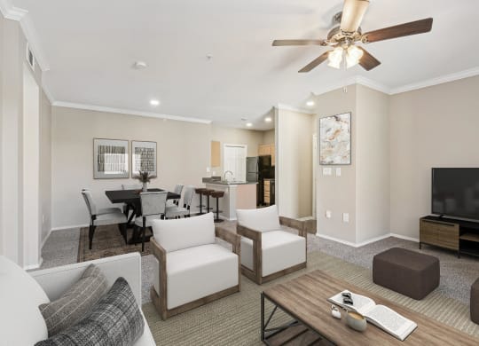 a living room with couches and chairs and a tv