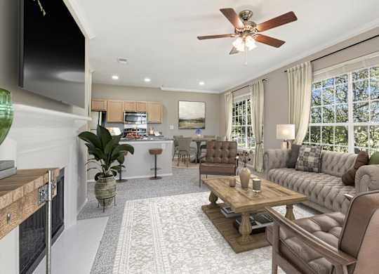 a living room with a couch and a table
