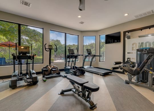 a gym with cardio equipment and windows with a view