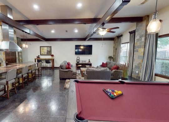 Community Game room with lounge and pool table at The Canyons Apartments, Fort Worth, TX, 76116