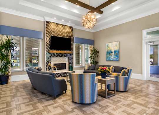 A living room with a grey sofa, a coffee table, and a television.