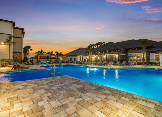 Pool View In Night at The Oasis at Lakewood Ranch, Bradenton, Florida