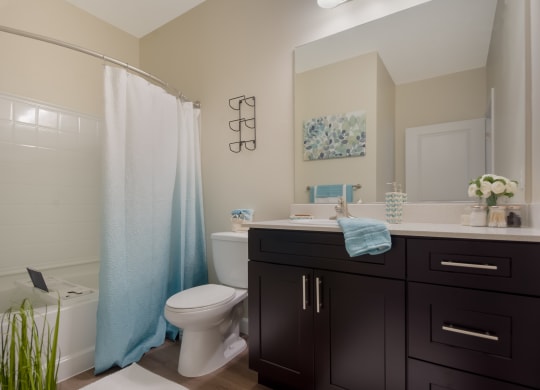 a bathroom with a white toilet next to a bathtub with a blue shower curtain  at The Oasis at Manatee River, Bradenton, FL
