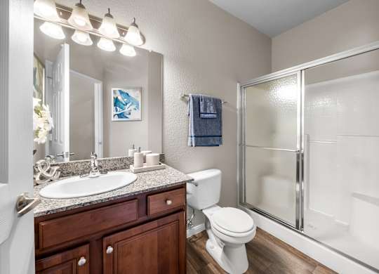 A bathroom with a white toilet, sink, and shower.